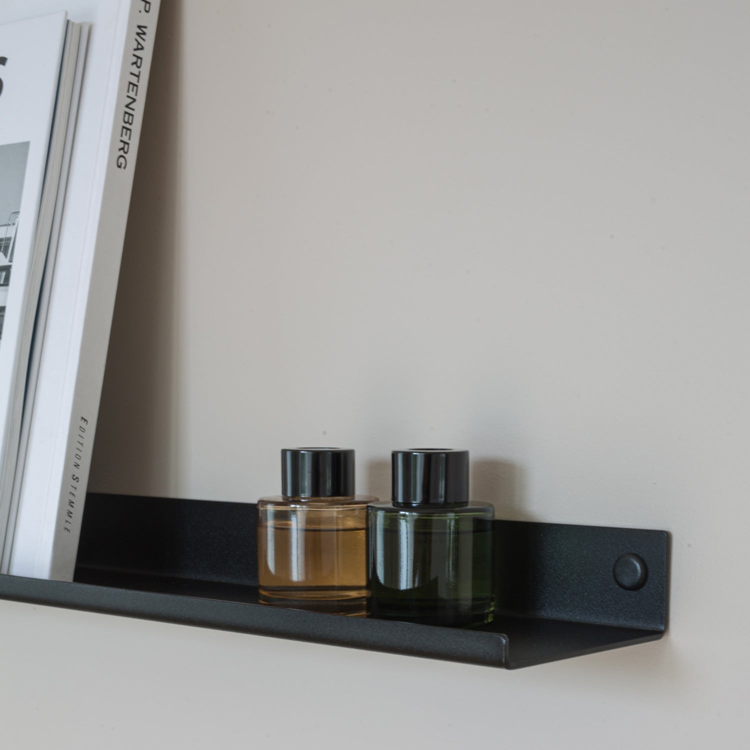 black narrow wall shelf detail view