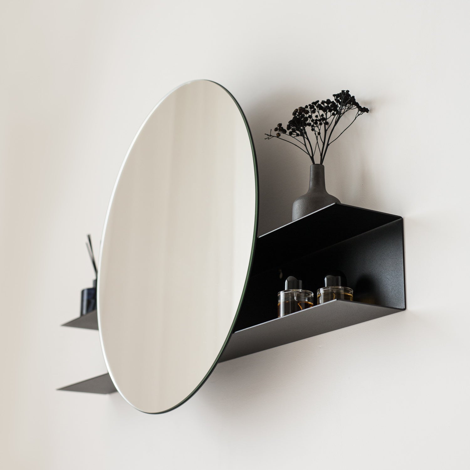 black rust free round wall mirror with shelf modern wall mirror