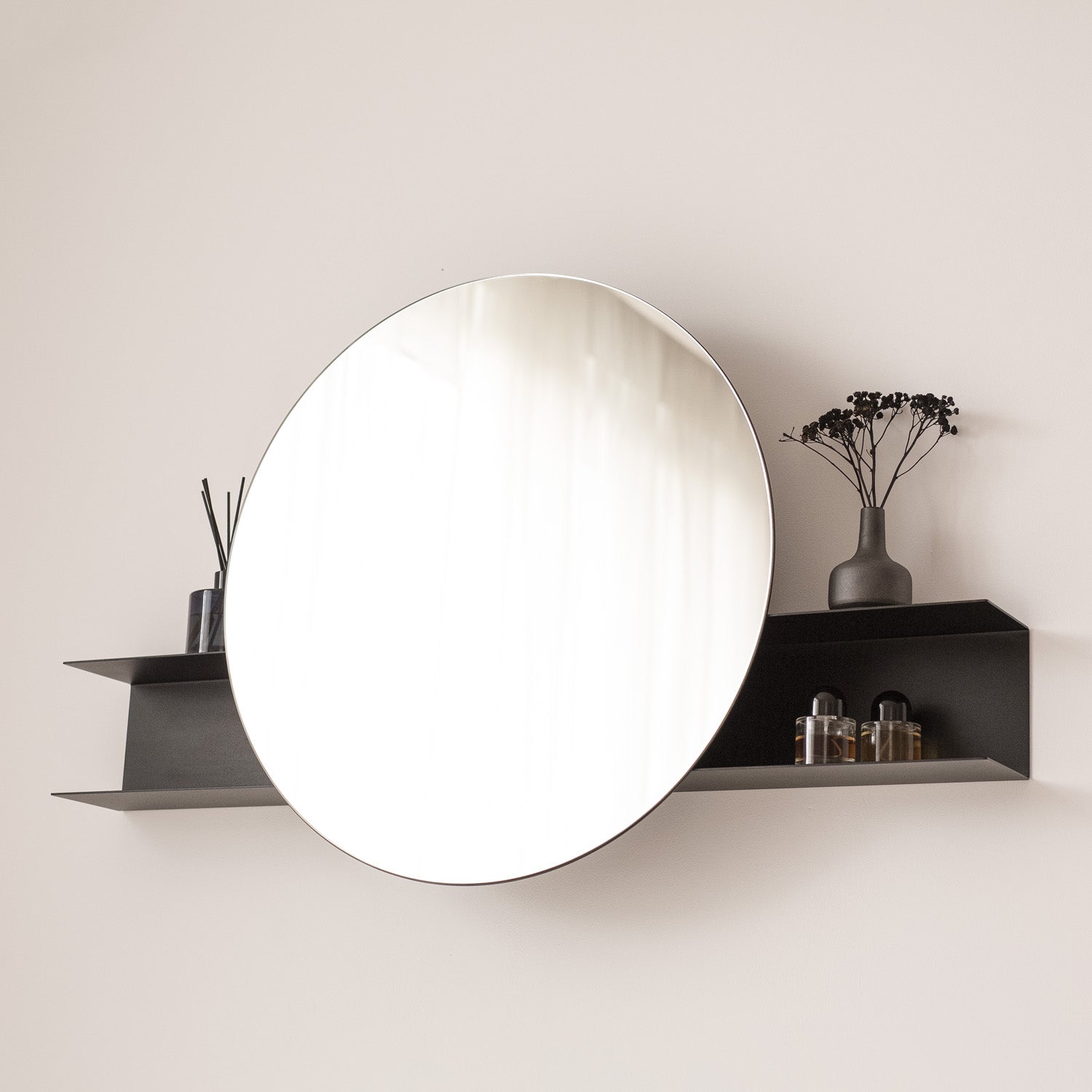 Black round wall mirror with storage shelf modern design