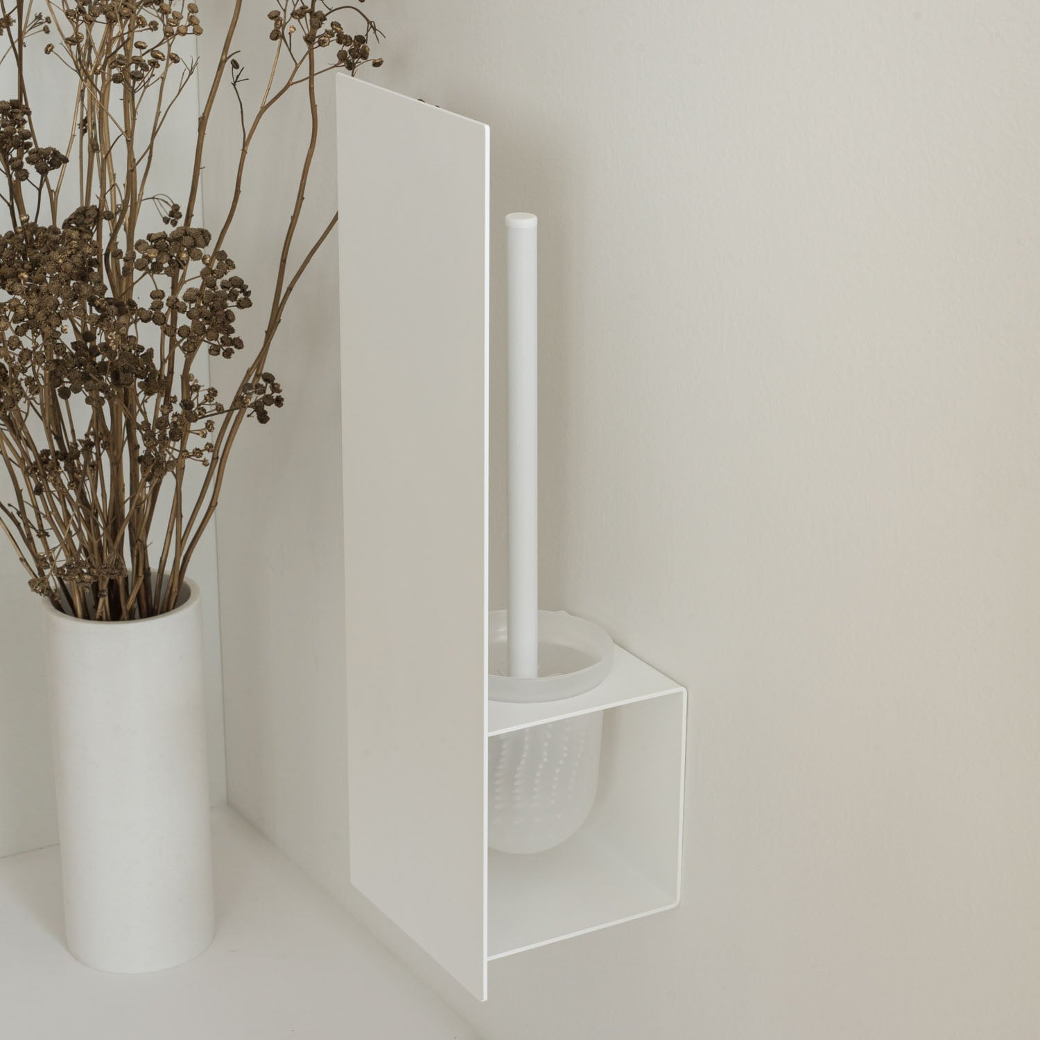 white small toilet brush holder with no drilling option