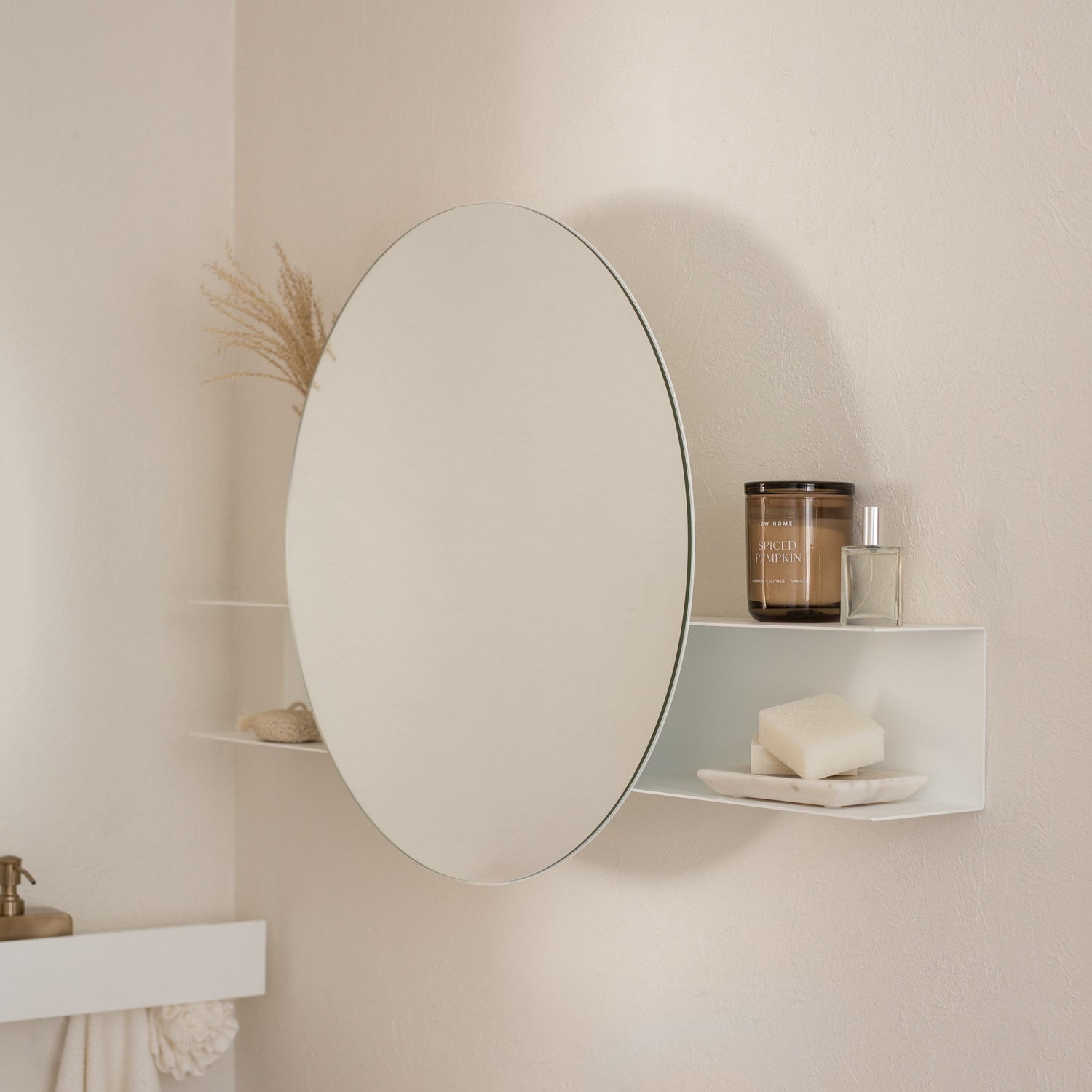 Round bathroom mirror with shelf rust free