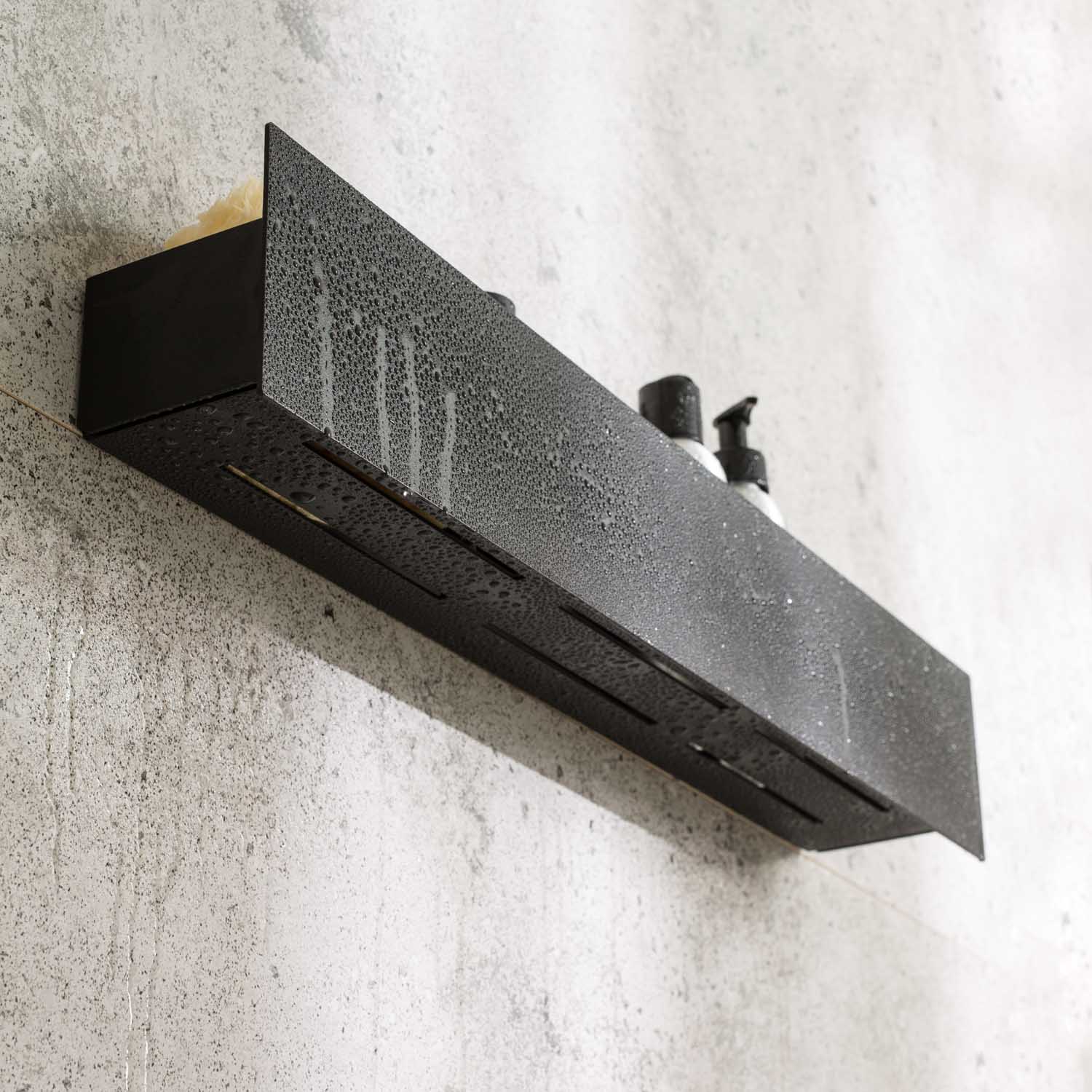 Black no drilling shower shelf with rust free finish