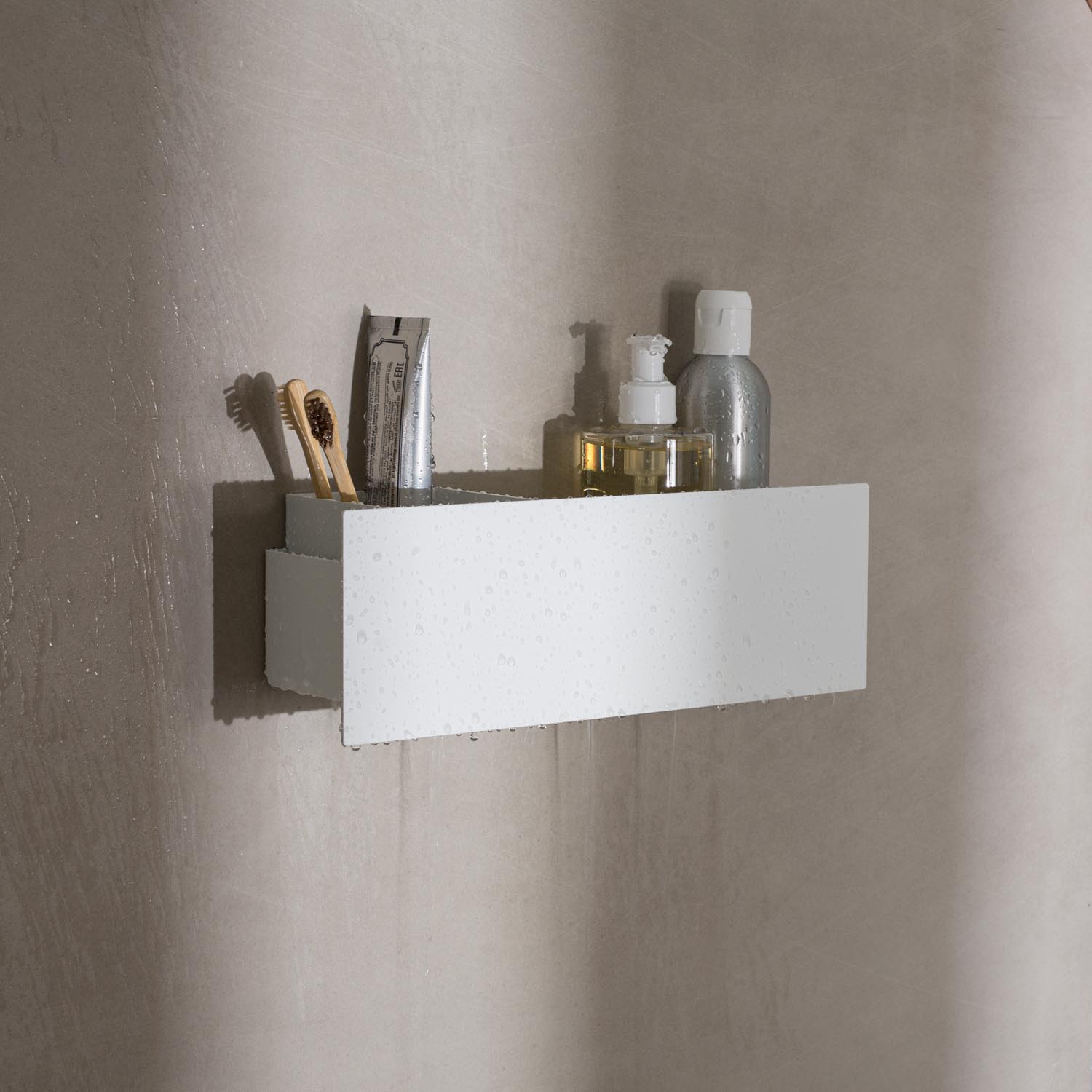 White no-drill Neptune bathroom shelf with closed sides for secure storage