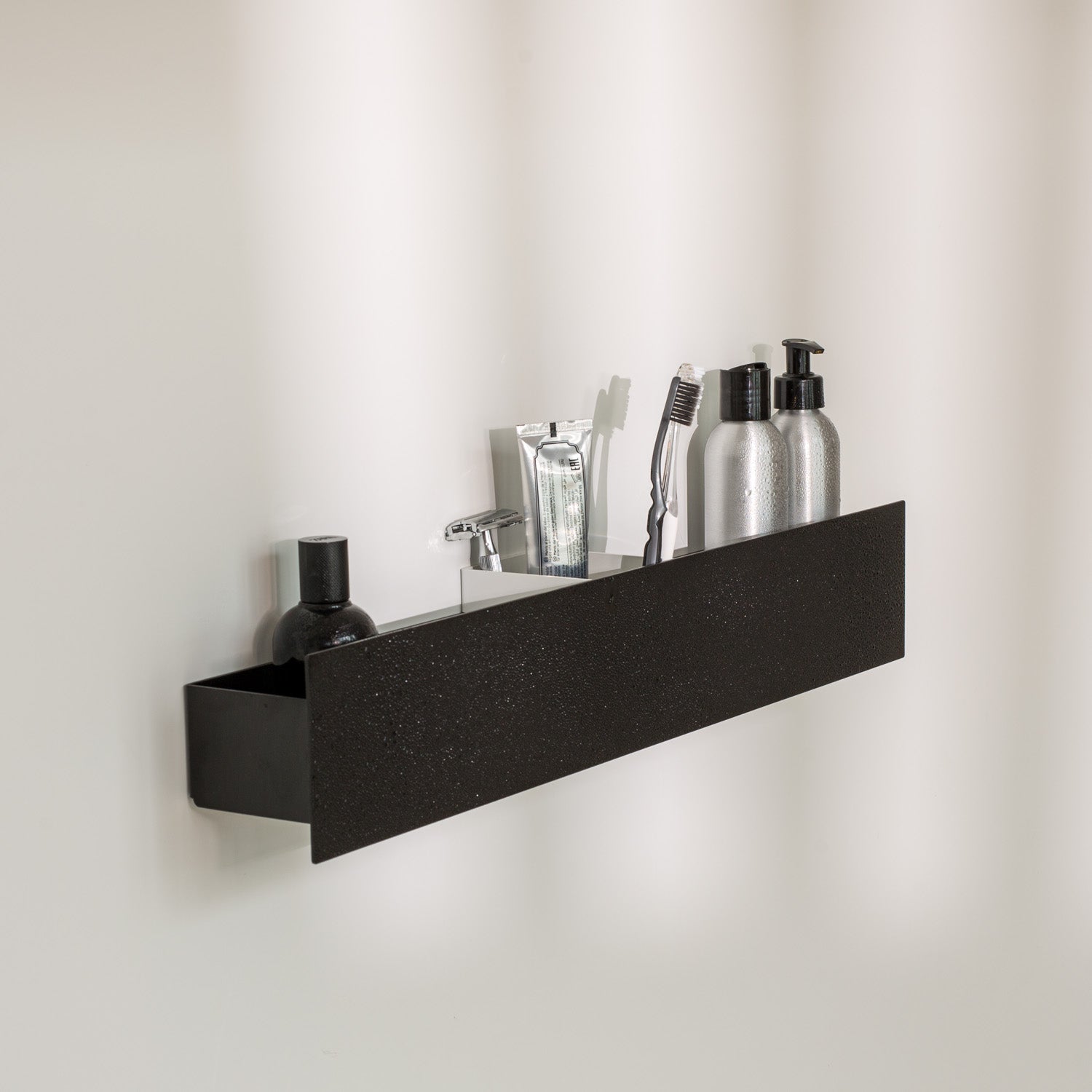 Neptune black no-drill shower shelf for minimalist bathroom