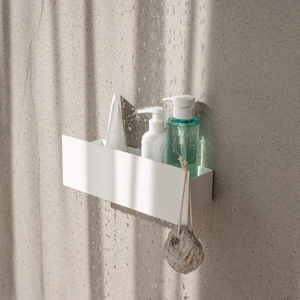 white rust free no drilling shower shelf