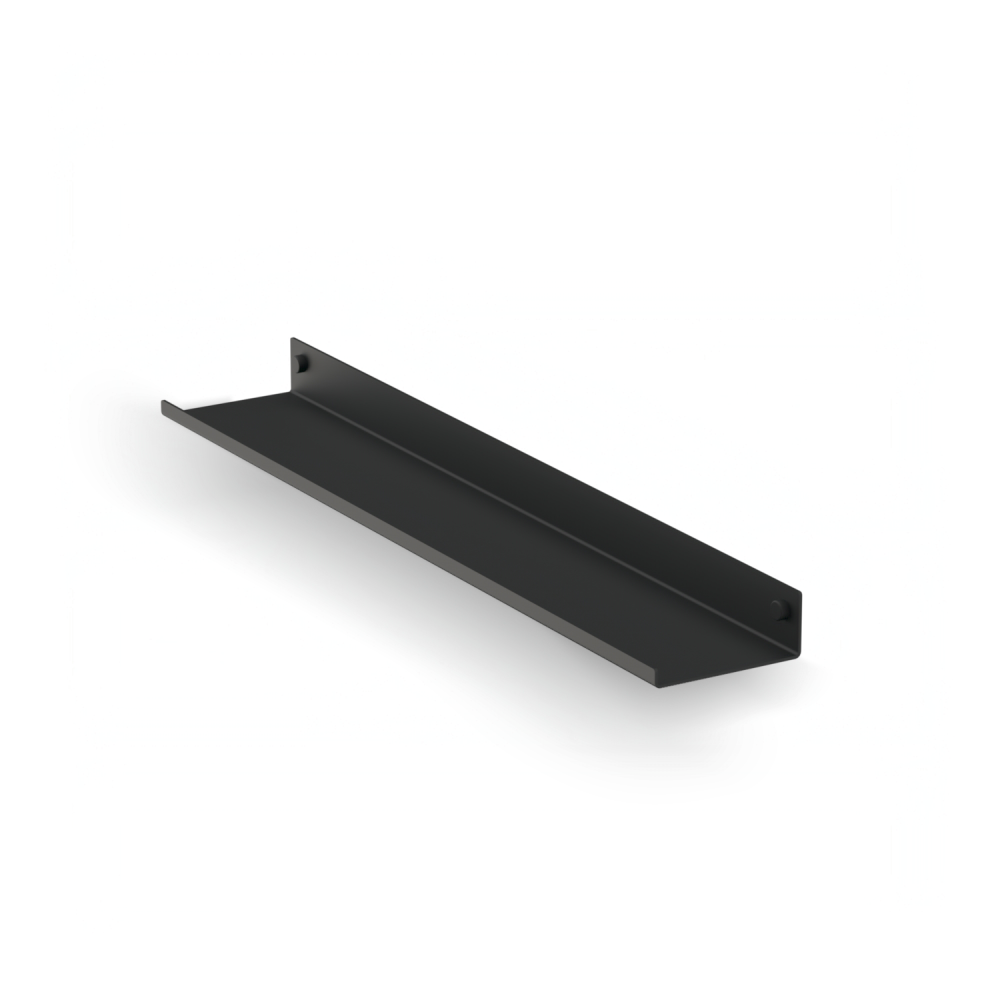 Black metal floating wall shelf on a white background