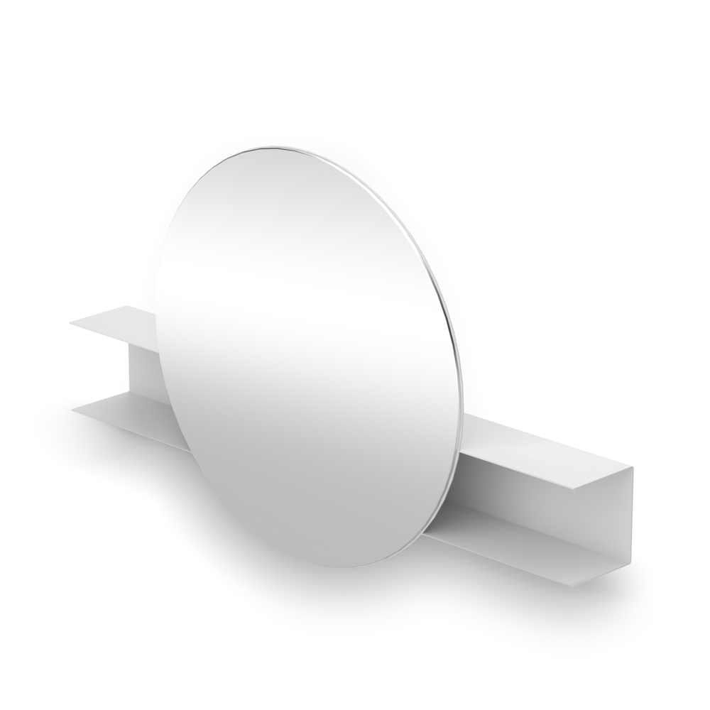 White circular mirror with a shelf on a white background