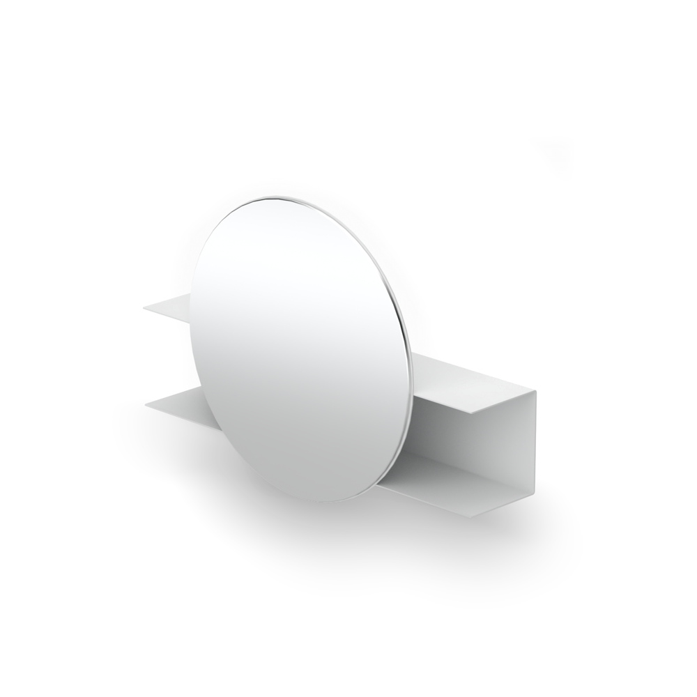 White small round wall mirror with a shelf on white wall