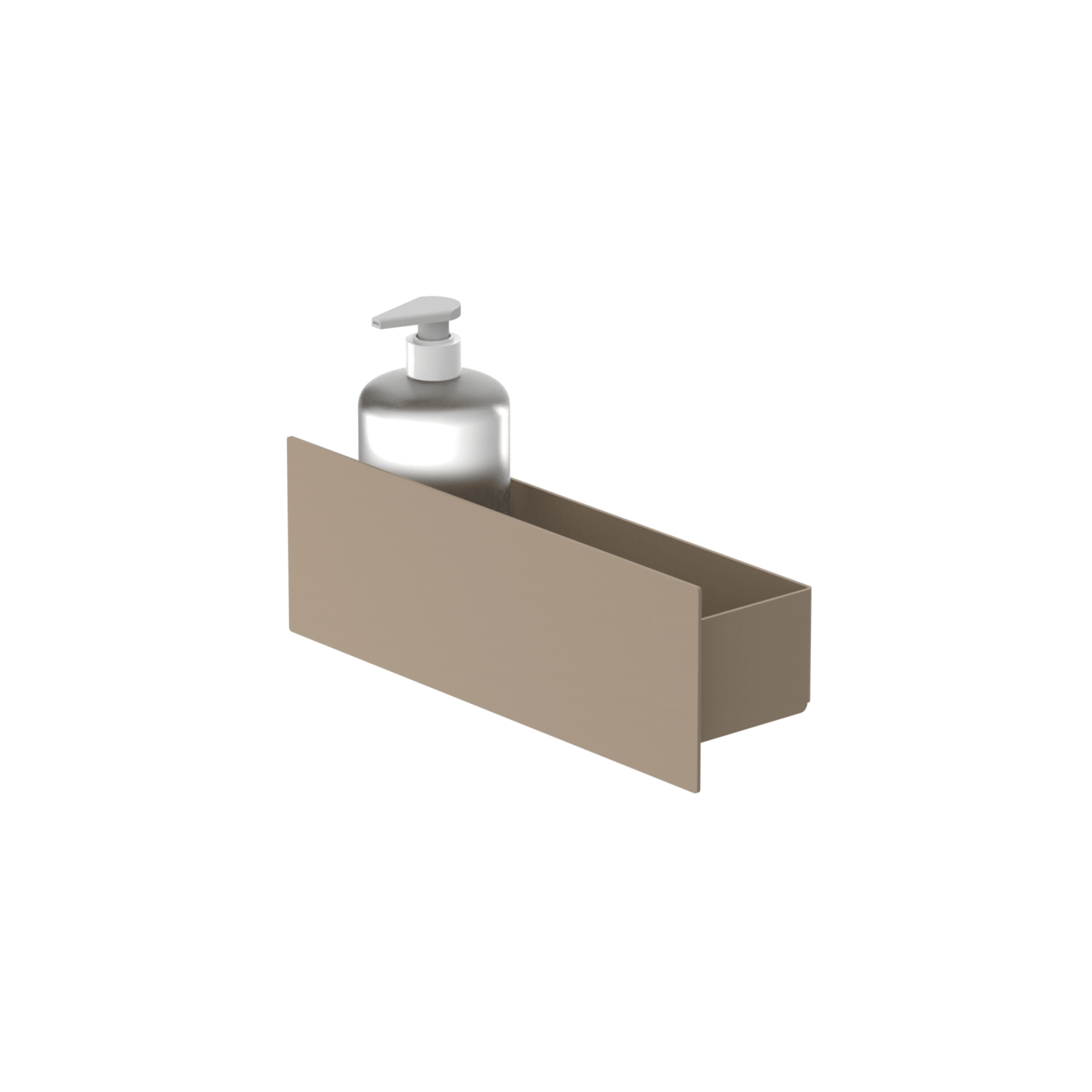 Beige mounted without drilling shower shelf with pump bottles on a white background