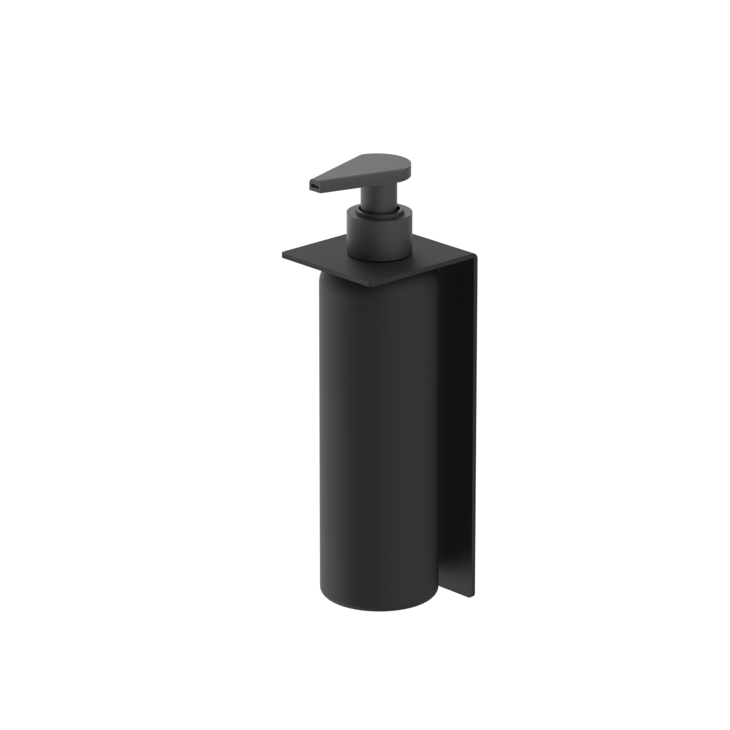 Black wall-mounted soap dispenser on a white background
