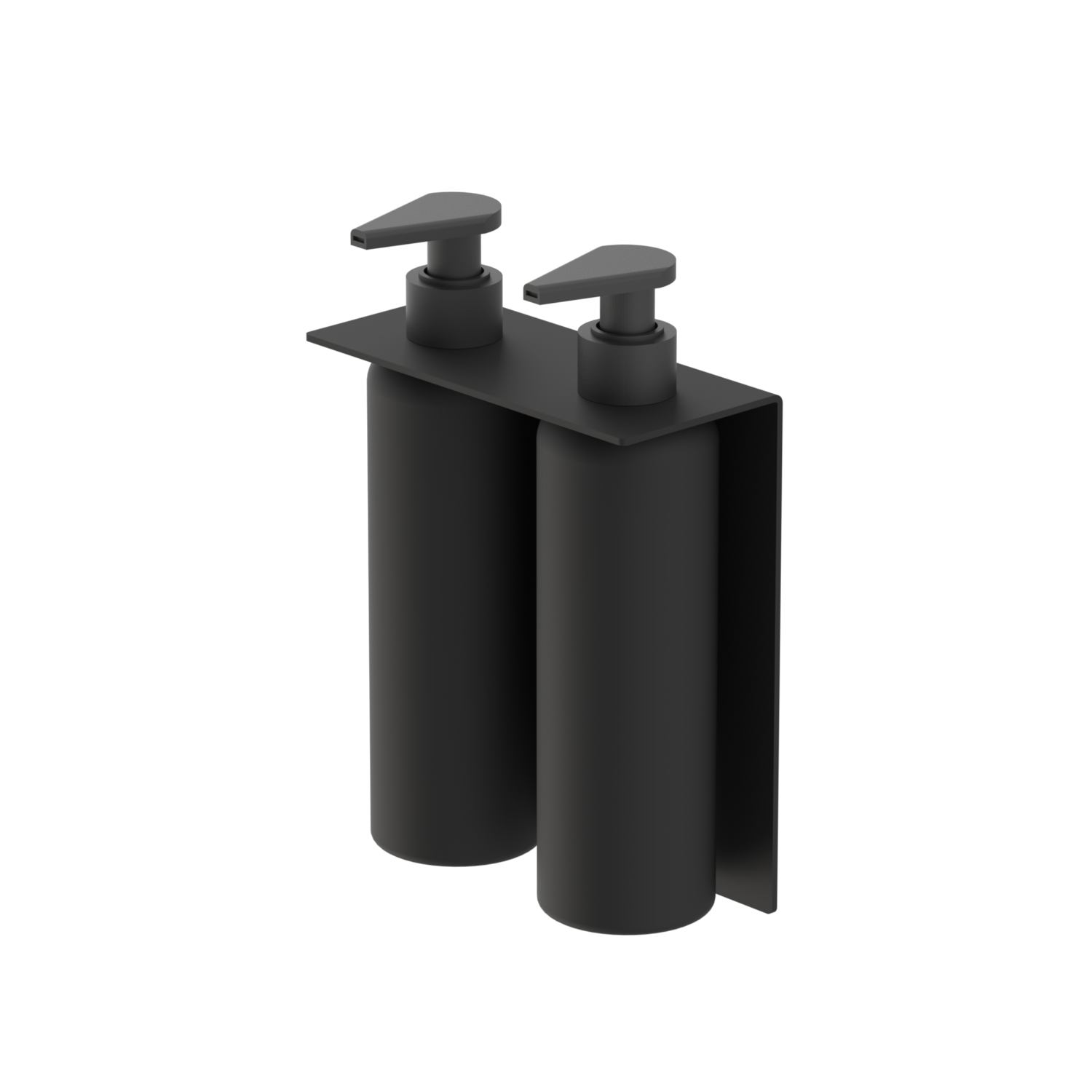Black soap dispenser with pump on a white background