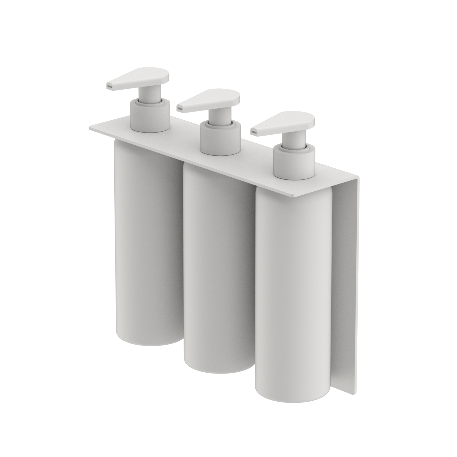 White three-compartment soap dispenser with pump tops on a white background