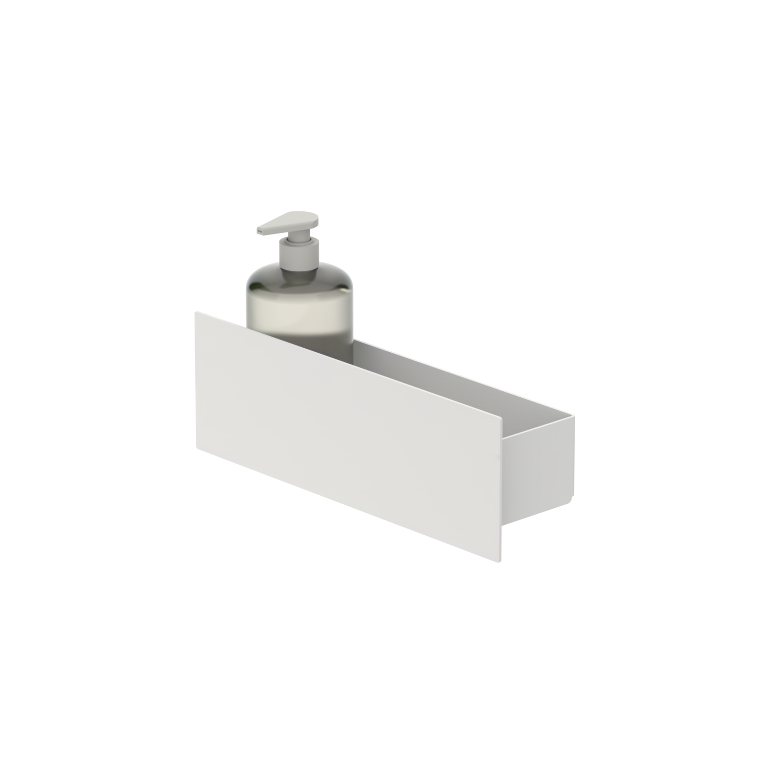 White wall-mounted shower shelf with a pump bottle on a white background
