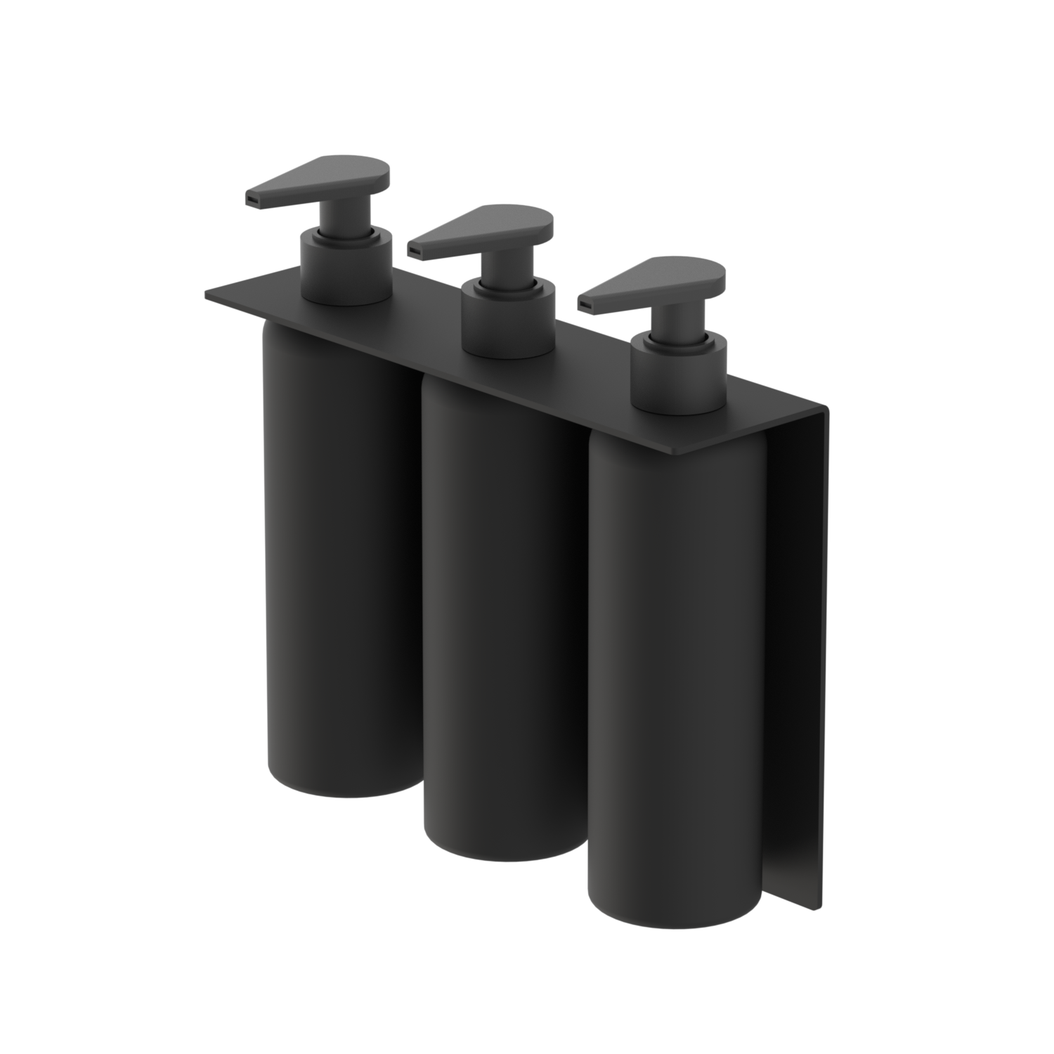 Black three-compartment soap dispenser on a white background