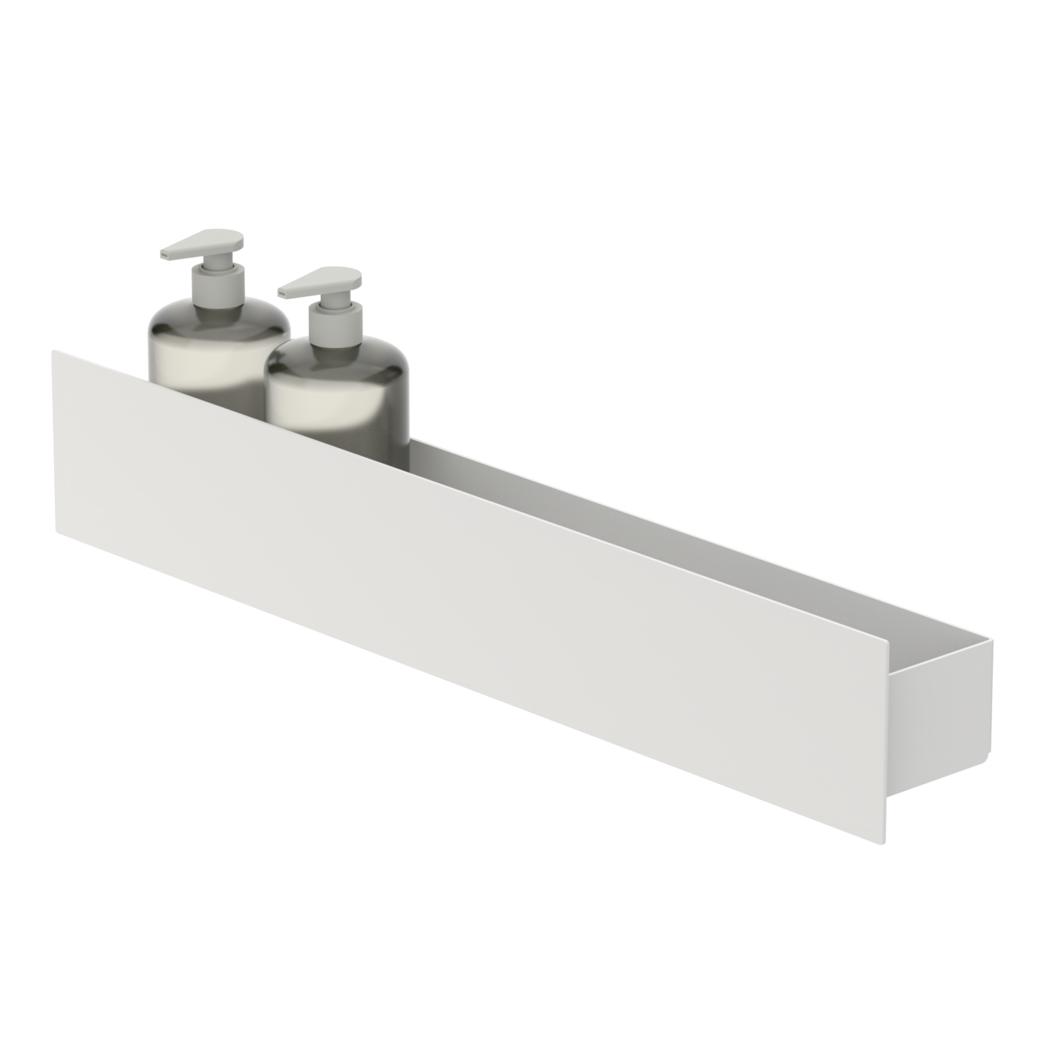 White wall-mounted shower caddy with two pump bottles on a white background