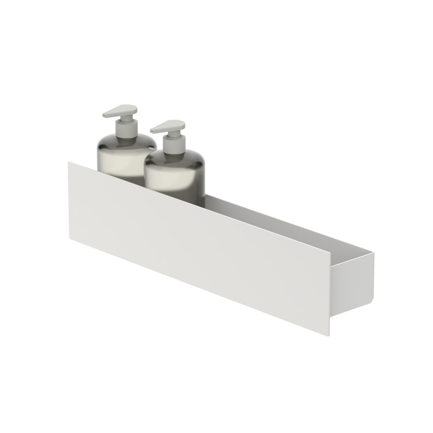 White no drilling shower shelf with two bottles on a white background