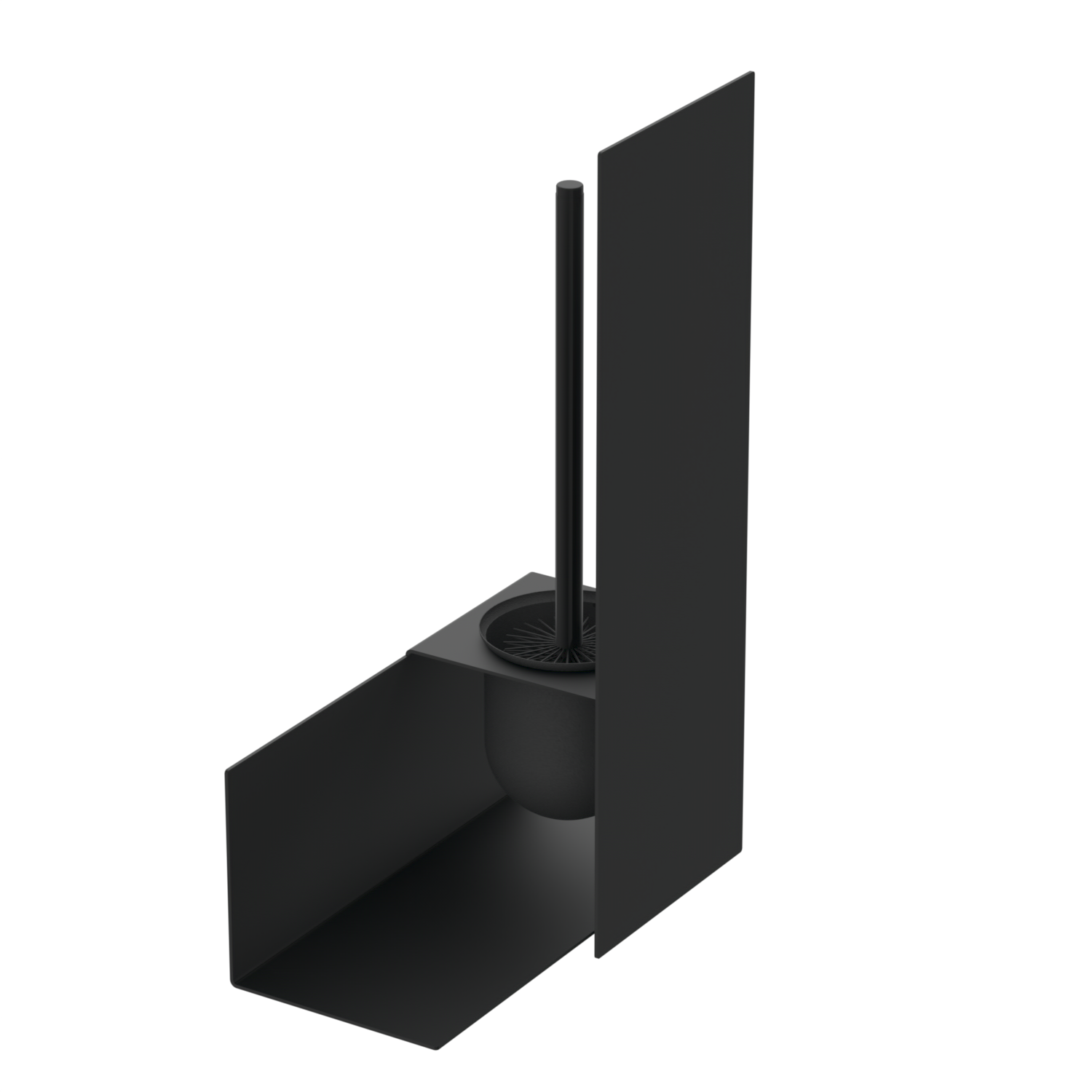 Black wall-mounted toilet brush holder with shelf for spare toilet roll on white wall