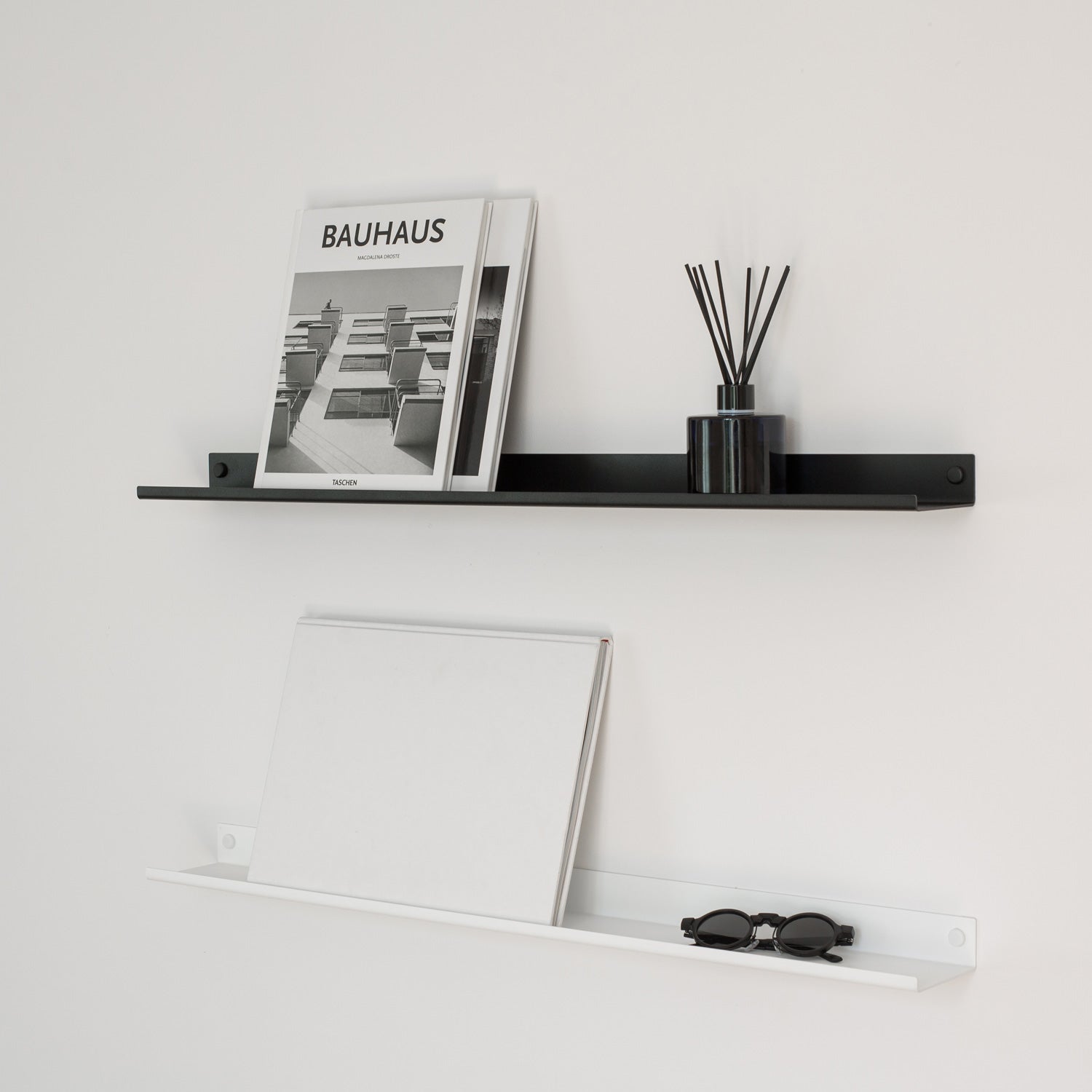 white and black wall display shelf system