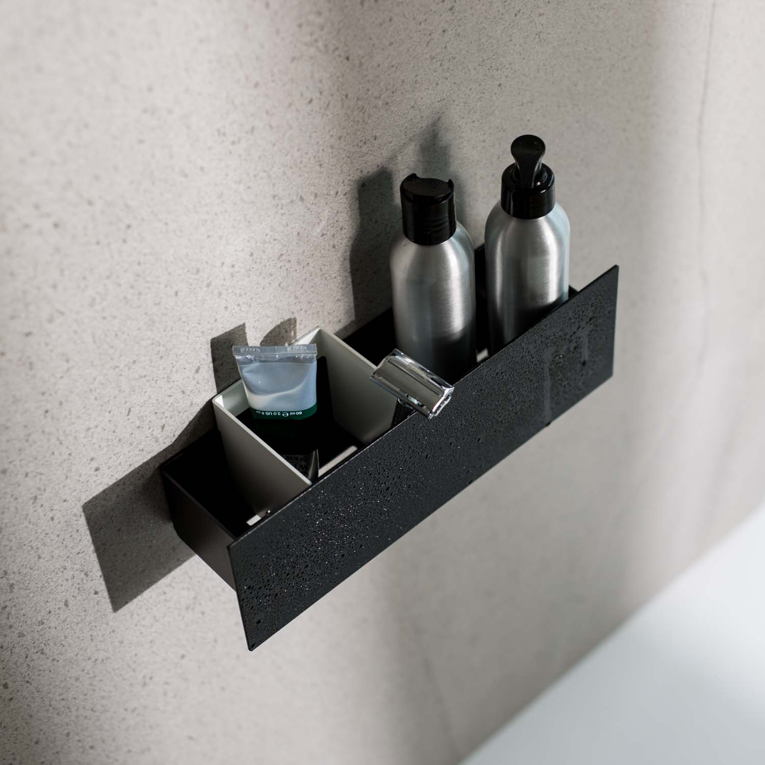 Black wall-mounted shower shelf no drilling on grey tiles